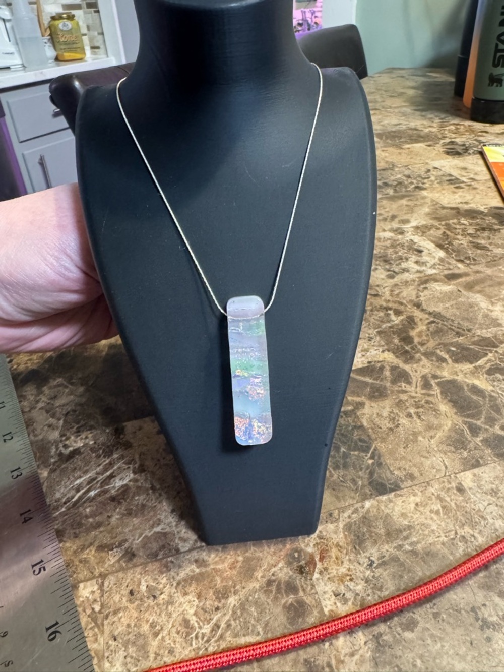 Handmade Iridescent Glass Bar Pendant Necklace - White/Pink/Green/Blue